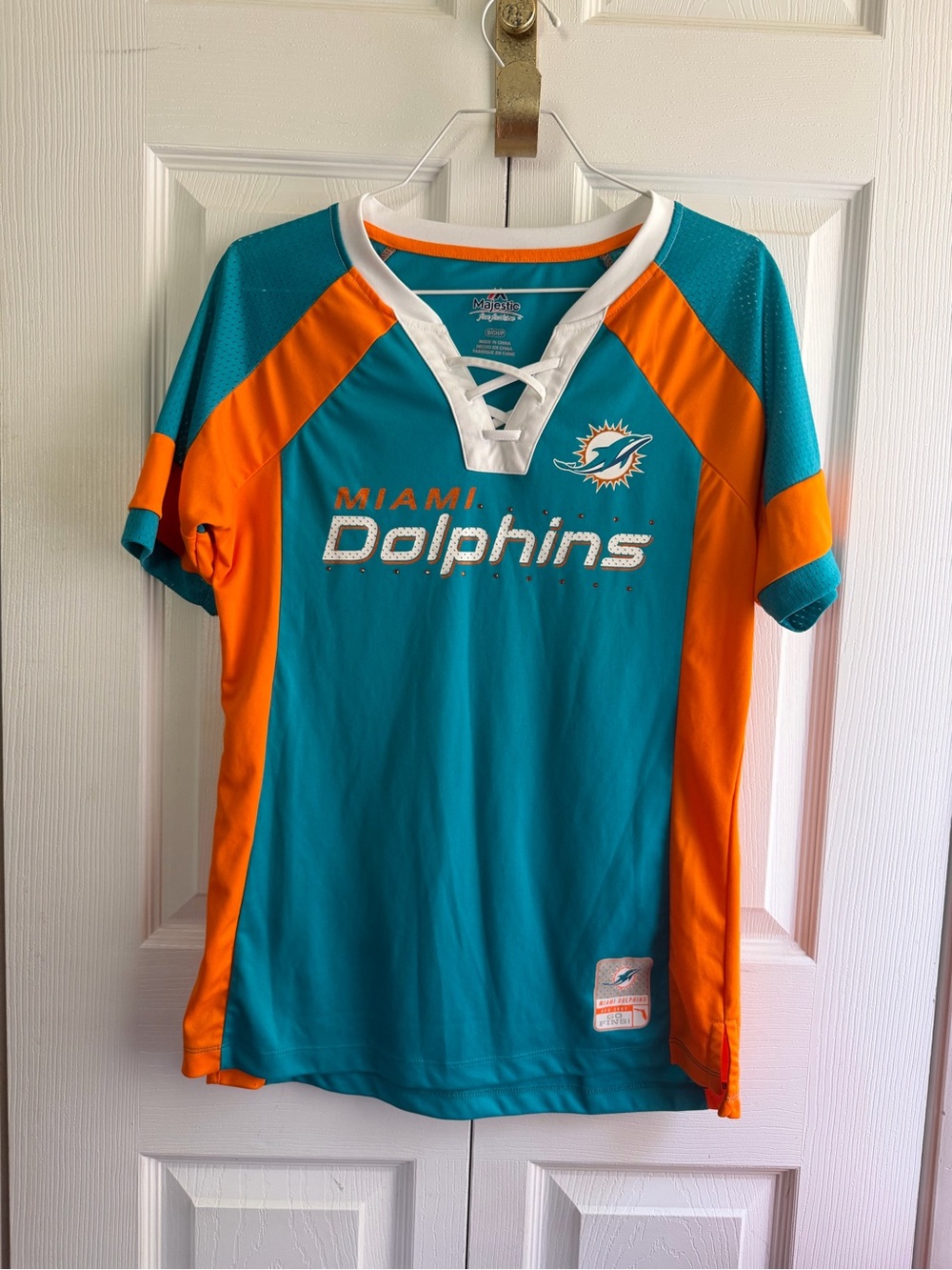 Majestic Miami Dolphins Lace-Up Jersey in Teal, Orange & White